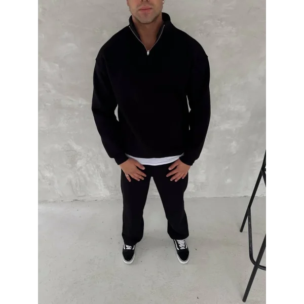 Kışlık Yarım Fermuarlı Üç İplik Eşofman Takım - Siyah