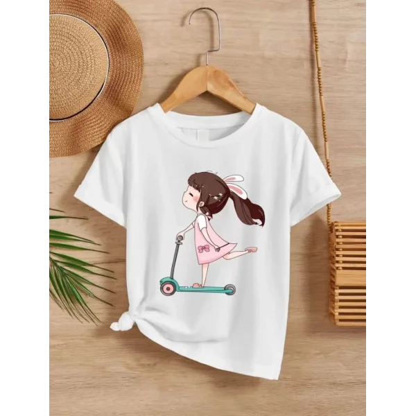 Kız Çocuk Bisiklet Yaka Baskılı T-Shirt - Beyaz