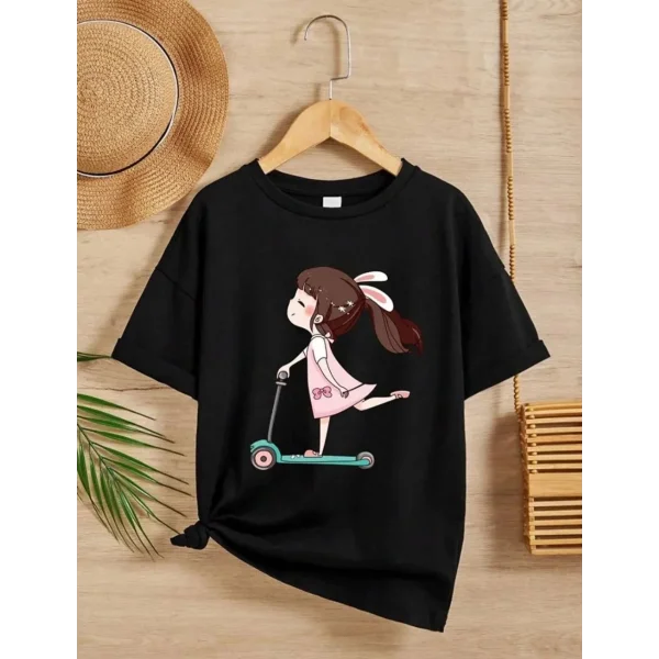 Kız Çocuk Bisiklet Yaka Baskılı T-Shirt - Siyah