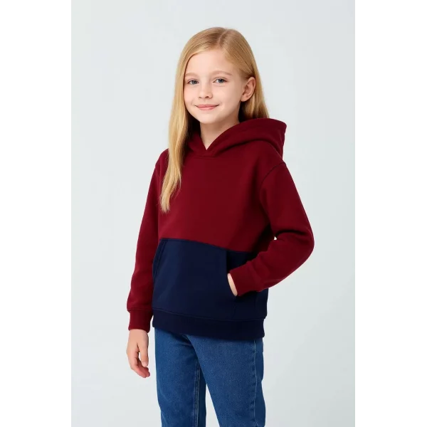 Kız Çocuk Kapüşonlu Kanguru Çepli Parçalı SweatShirt - Renkli
