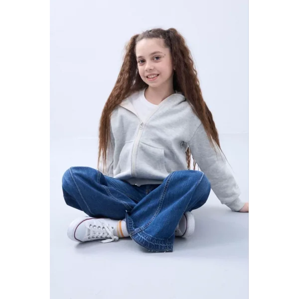 Kız Çocuk Kapüşonlu Kanguru Çepli Tam Fermuarlı Hırka SweatShirt - Gri