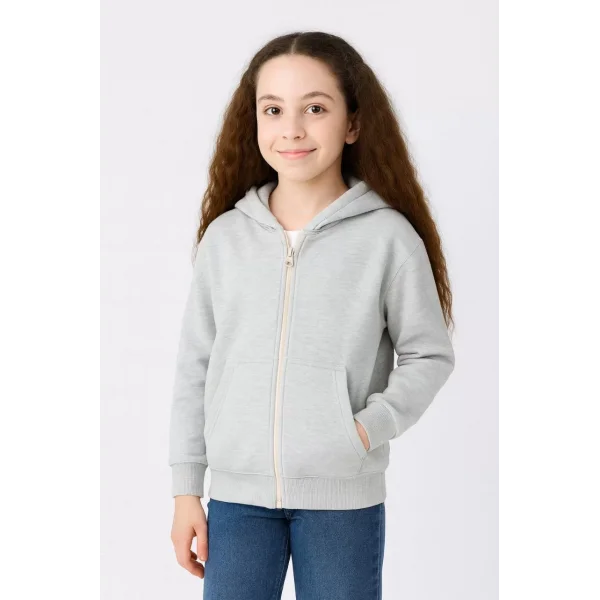 Kız Çocuk Kapüşonlu Kanguru Çepli Tam Fermuarlı Hırka SweatShirt - Gri
