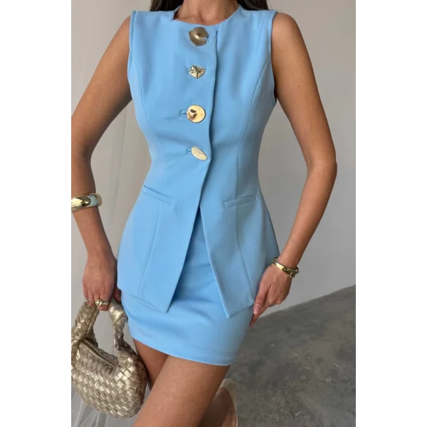 KLASİK GOLD DÜĞMELİ YELEK - KISA ETEK TAKIM - Mavi