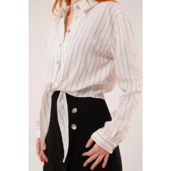 Kol Detaylı Bağlamalı Çizgili Beyaz Gömlek