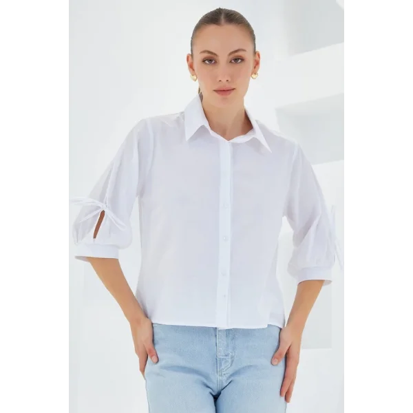 Kol Detaylı Beyaz Crop Gömlek 20246