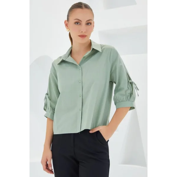 Kol Detaylı Çağla Yeşili Crop Gömlek 20246