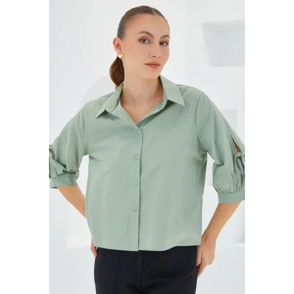 Kol Detaylı Çağla Yeşili Crop Gömlek 20246