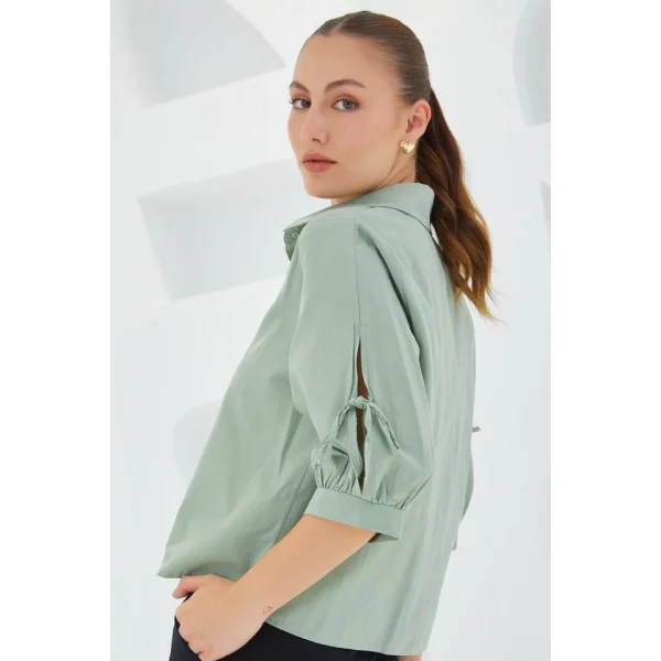 Kol Detaylı Çağla Yeşili Crop Gömlek 20246