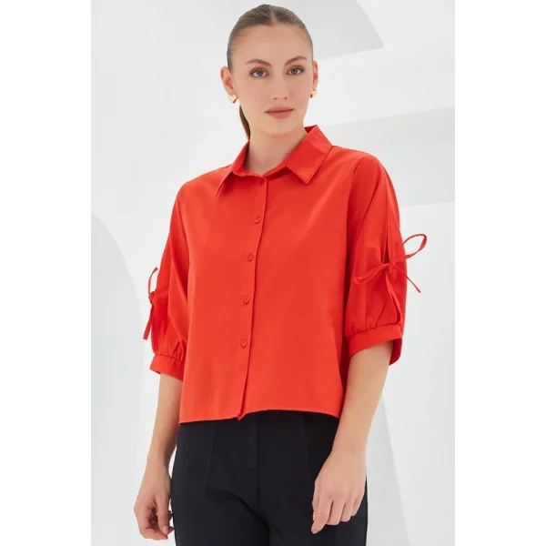 Kol Detaylı Kırmızı Crop Gömlek 20246