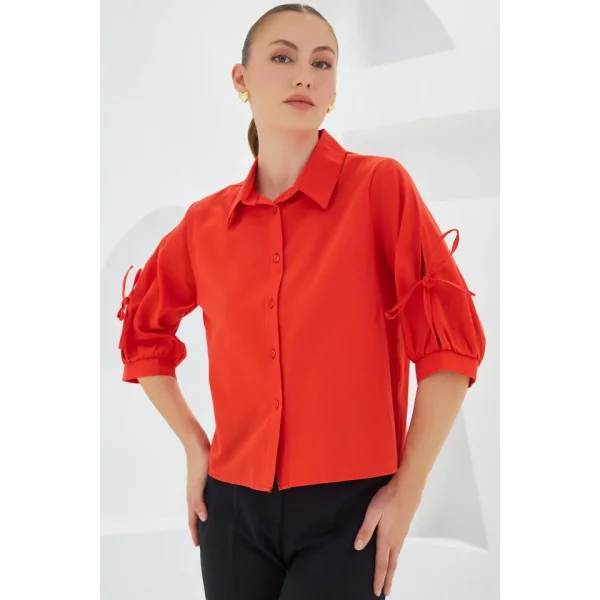 Kol Detaylı Kırmızı Crop Gömlek 20246