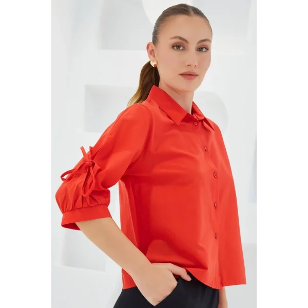 Kol Detaylı Kırmızı Crop Gömlek 20246