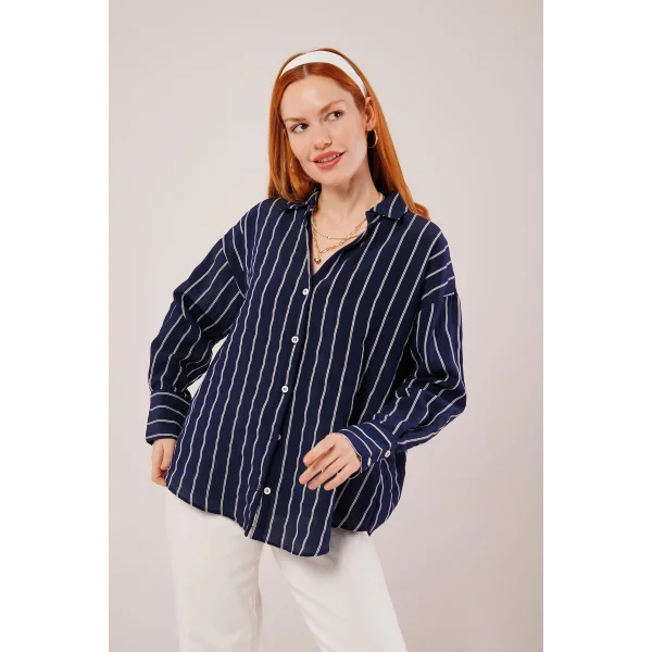 Kol Düğmeli Çizgili acivert Gömlek