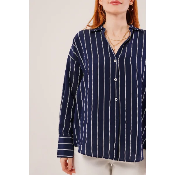 Kol Düğmeli Çizgili acivert Gömlek