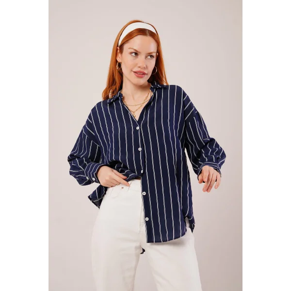 Kol Düğmeli Çizgili acivert Gömlek