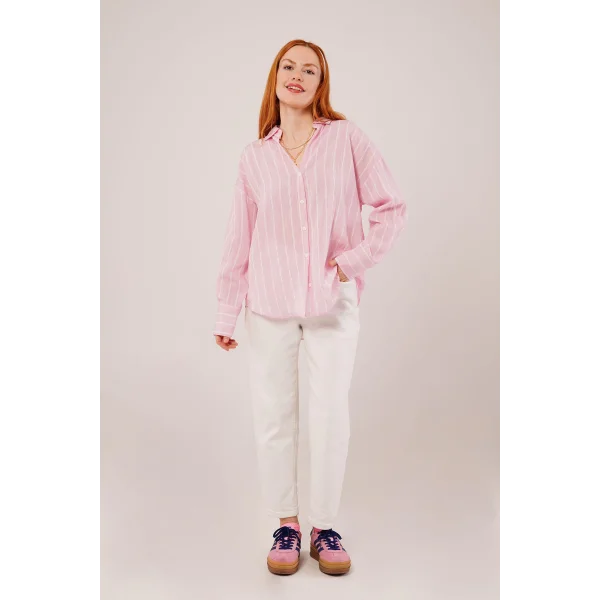 Kol Düğmeli Çizgili Pembe Gömlek