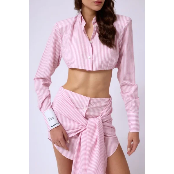Kol Etiket Detay Çizgili Crop Gömlek