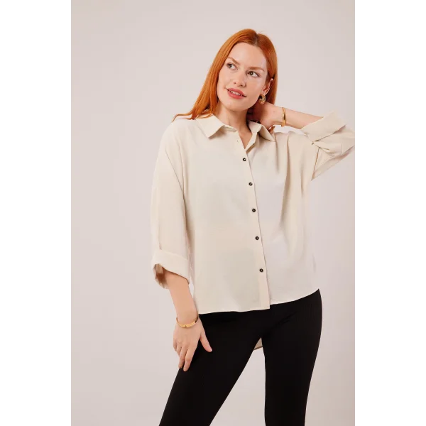 Kol Katlama Detaylı Bej Gömlek