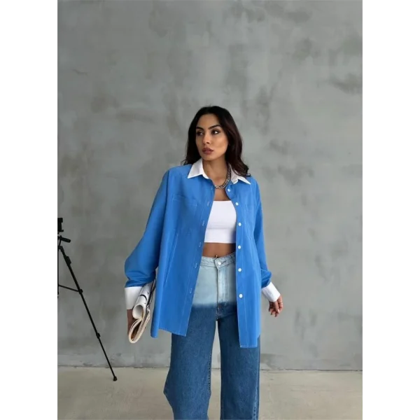 KOL VE MANŞET BEYAZ KAPALI PİLE DETAYLI GÖMLEK - Mavi