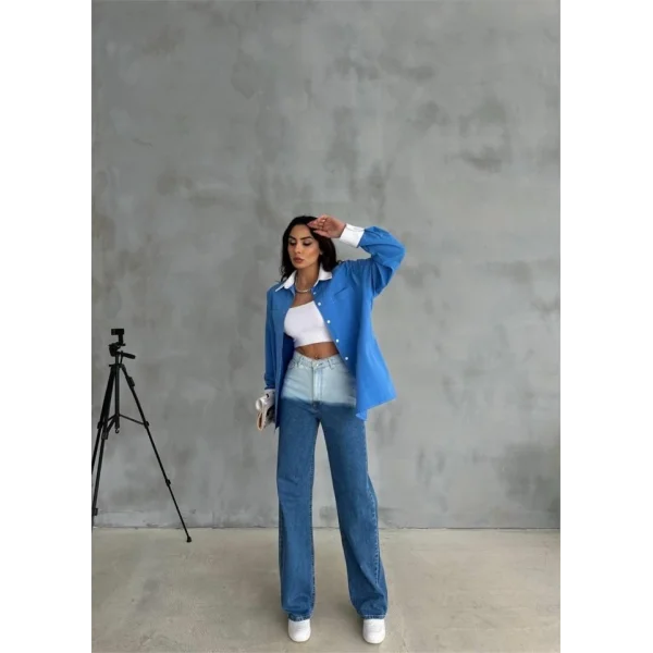 KOL VE MANŞET BEYAZ KAPALI PİLE DETAYLI GÖMLEK - Mavi