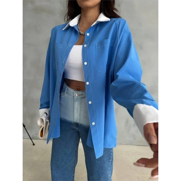 KOL VE MANŞET BEYAZ KAPALI PİLE DETAYLI GÖMLEK - Mavi