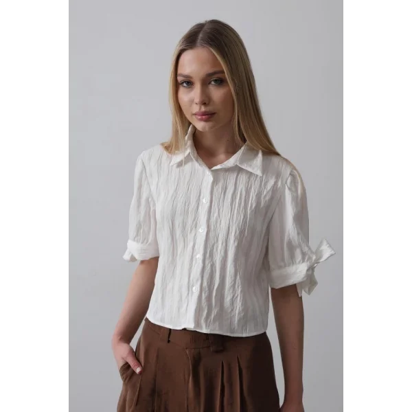 Kolları Bağlamalı Crop Gömlek - Ekru