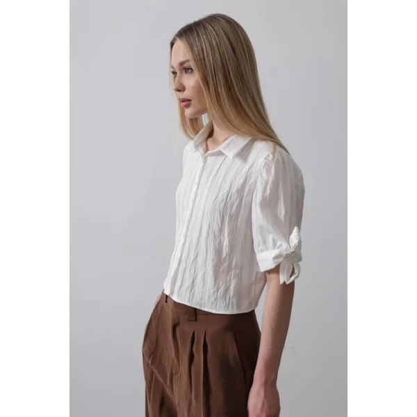 Kolları Bağlamalı Crop Gömlek - Ekru