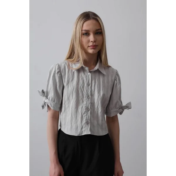 Kolları Bağlamalı Crop Gömlek - Gri