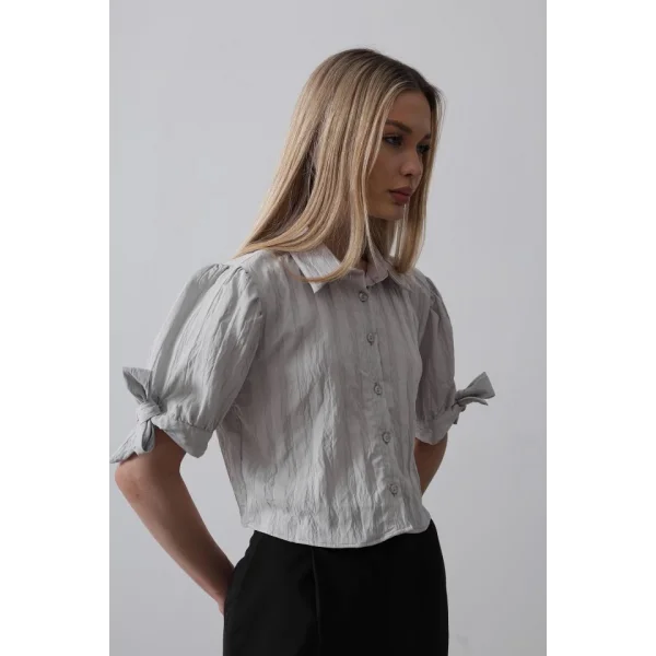 Kolları Bağlamalı Crop Gömlek - Gri