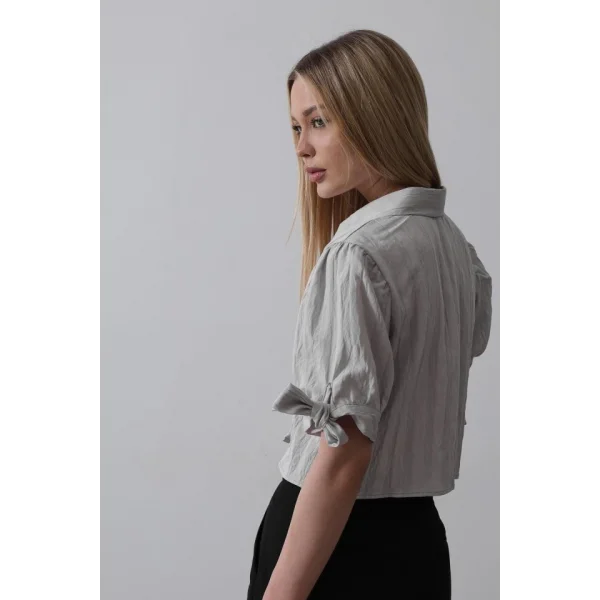 Kolları Bağlamalı Crop Gömlek - Gri