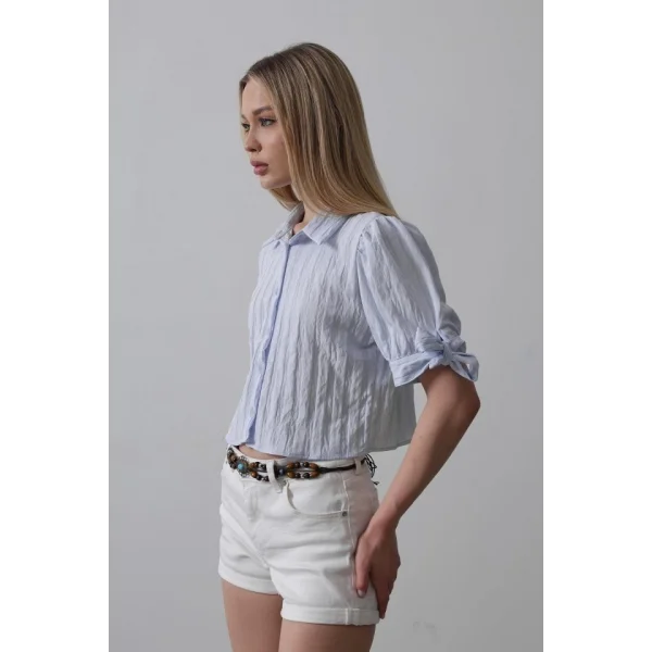 Kolları Bağlamalı Crop Gömlek - Mavi