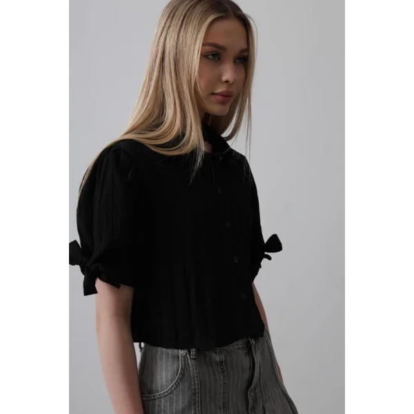 Kolları Bağlamalı Crop Gömlek - Siyah