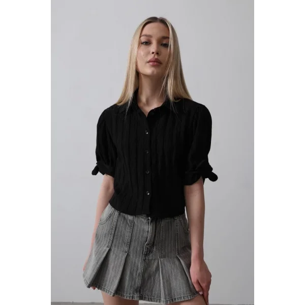 Kolları Bağlamalı Crop Gömlek - Siyah