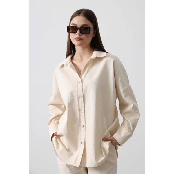 Kolları Pileli Uzun Gömlek  Natür