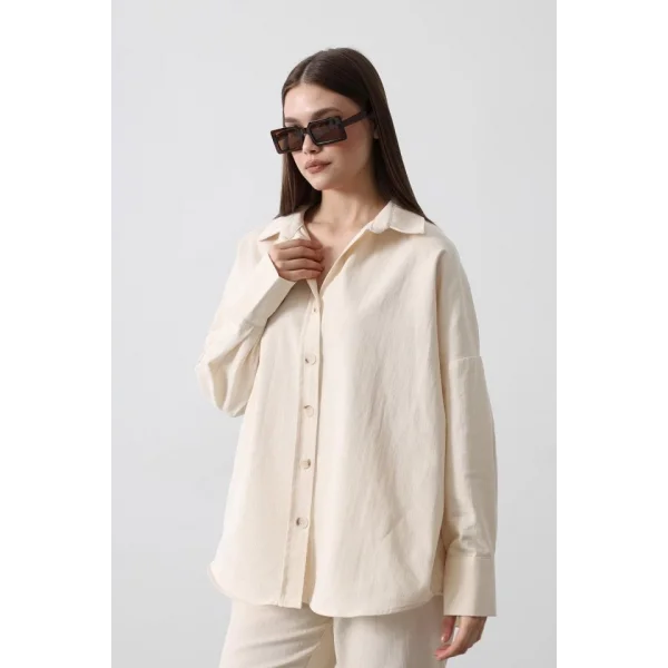 Kolları Pileli Uzun Gömlek  Natür