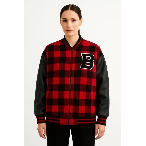 Kadın Kolej Ceket – Kareli Oduncu Kumaş, Kolları Suni Deri, Fermuarlı, İçi Kapitone Astarlı, Nakışlı Oversize Bahar & Kış Stil - Bordo