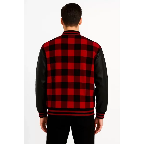 Erkek Kolej Ceket – Kareli Oduncu Kumaş, Kolları Suni Deri, Fermuarlı, İçi Kapitone Astarlı, Nakışlı Oversize Bahar & Kış Stil - Bordo