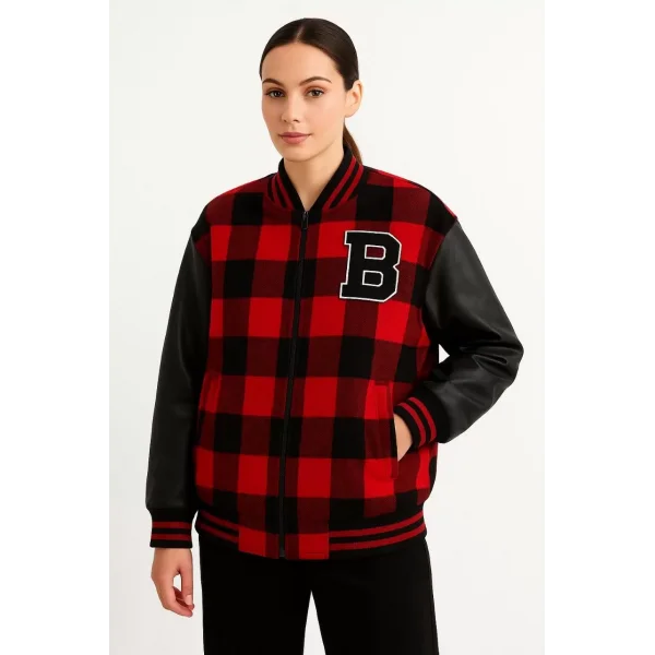 Kadın Kolej Ceket – Kareli Oduncu Kumaş, Kolları Suni Deri, Fermuarlı, İçi Kapitone Astarlı, Nakışlı Oversize Bahar & Kış Stil - Bordo