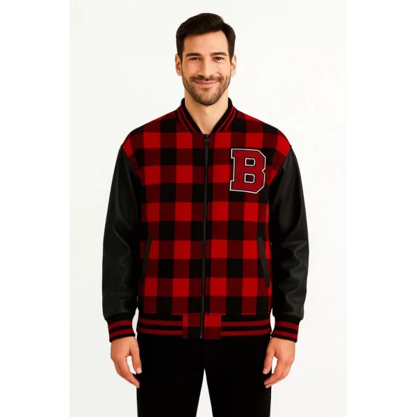 Erkek Kolej Ceket – Kareli Oduncu Kumaş, Kolları Suni Deri, Fermuarlı, İçi Kapitone Astarlı, Nakışlı Oversize Bahar & Kış Stil - Bordo