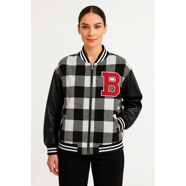 Kadın Kolej Ceket – Kareli Oduncu Kumaş, Kolları Suni Deri, Fermuarlı, İçi Kapitone Astarlı, Nakışlı Oversize Bahar & Kış Stil - Gri