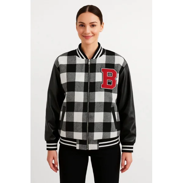 Kadın Kolej Ceket – Kareli Oduncu Kumaş, Kolları Suni Deri, Fermuarlı, İçi Kapitone Astarlı, Nakışlı Oversize Bahar & Kış Stil - Gri