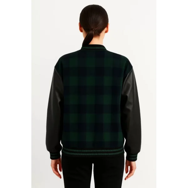 Kadın Kolej Ceket – Kareli Oduncu Kumaş, Kolları Suni Deri, Fermuarlı, İçi Kapitone Astarlı, Nakışlı Oversize Bahar & Kış Stil - Haki