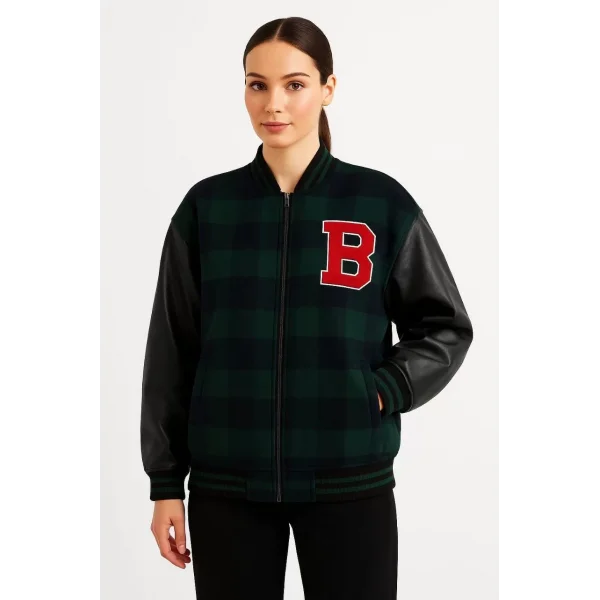 Kadın Kolej Ceket – Kareli Oduncu Kumaş, Kolları Suni Deri, Fermuarlı, İçi Kapitone Astarlı, Nakışlı Oversize Bahar & Kış Stil - Haki