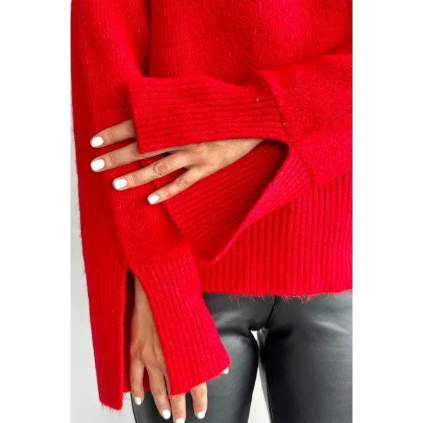 Kolları Yırtmaçlı Triko Kazak  Kırmızı