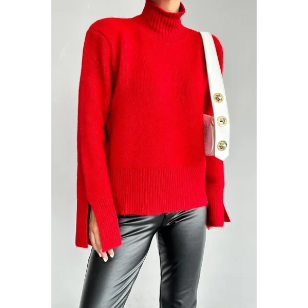 Kolları Yırtmaçlı Triko Kazak  Kırmızı