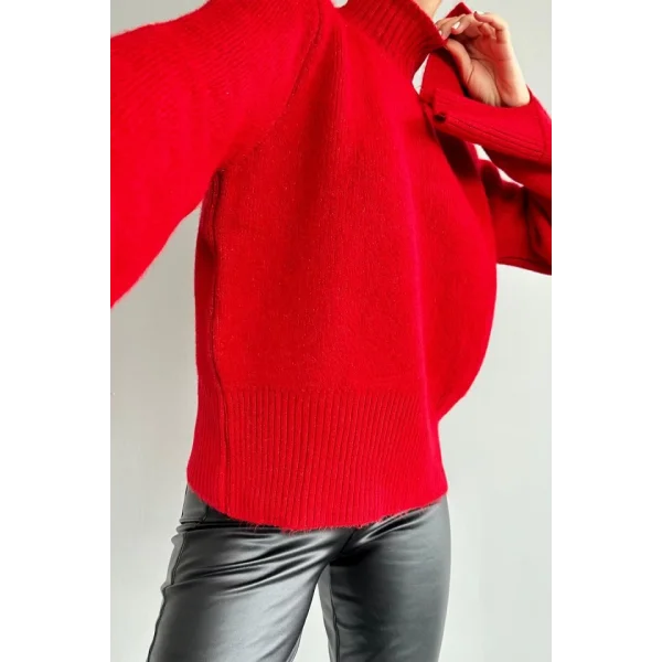 Kolları Yırtmaçlı Triko Kazak  Kırmızı