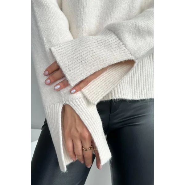 Kolları Yırtmaçlı Triko Kazak - Krem