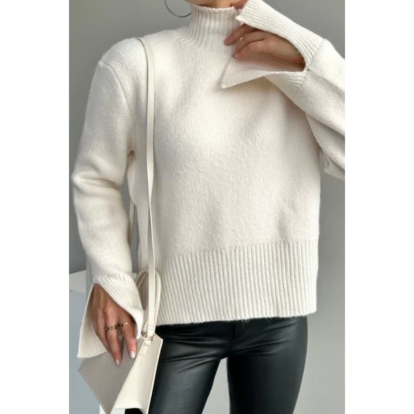 Kolları Yırtmaçlı Triko Kazak - Krem