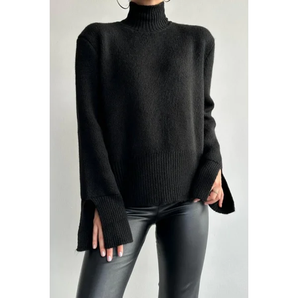 Kolları Yırtmaçlı Triko Kazak - Siyah