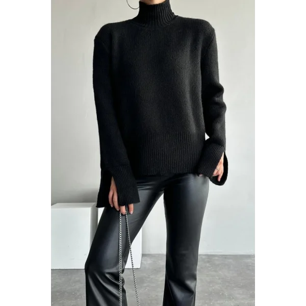 Kolları Yırtmaçlı Triko Kazak - Siyah