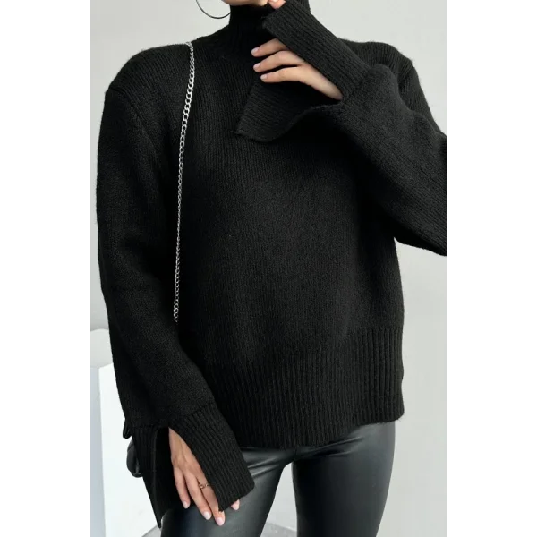 Kolları Yırtmaçlı Triko Kazak - Siyah